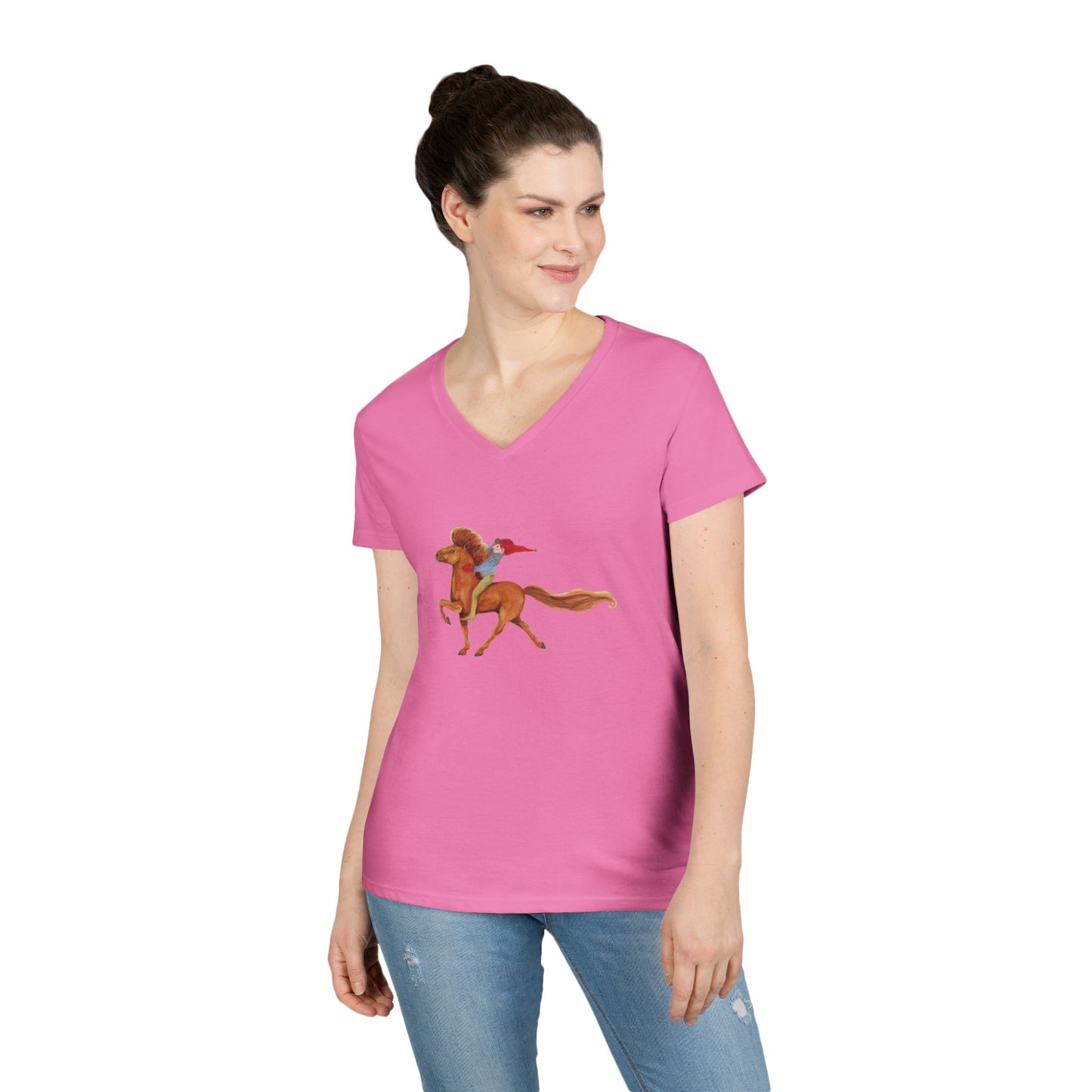 Woman wearing a pink t-shirt with a graphic design on a white background
