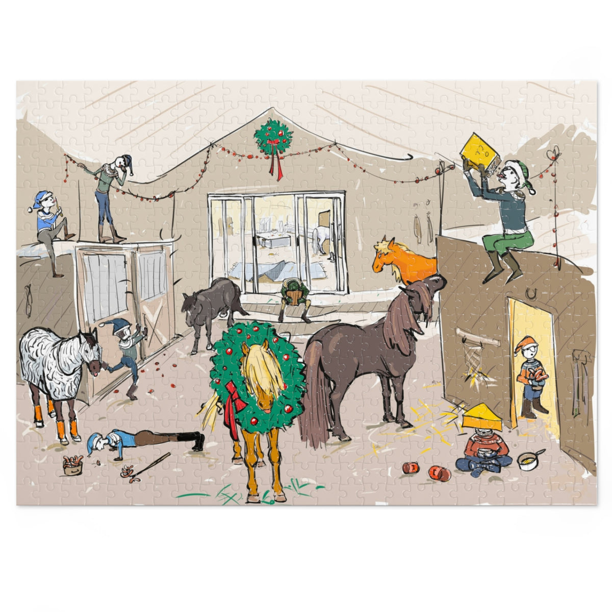 The Great Christmas Disaster 500-piece jigsaw puzzle with Charlotte Guernsey's illustration of the Yule Lads causing Christmas chaos at HestaRokk Farm