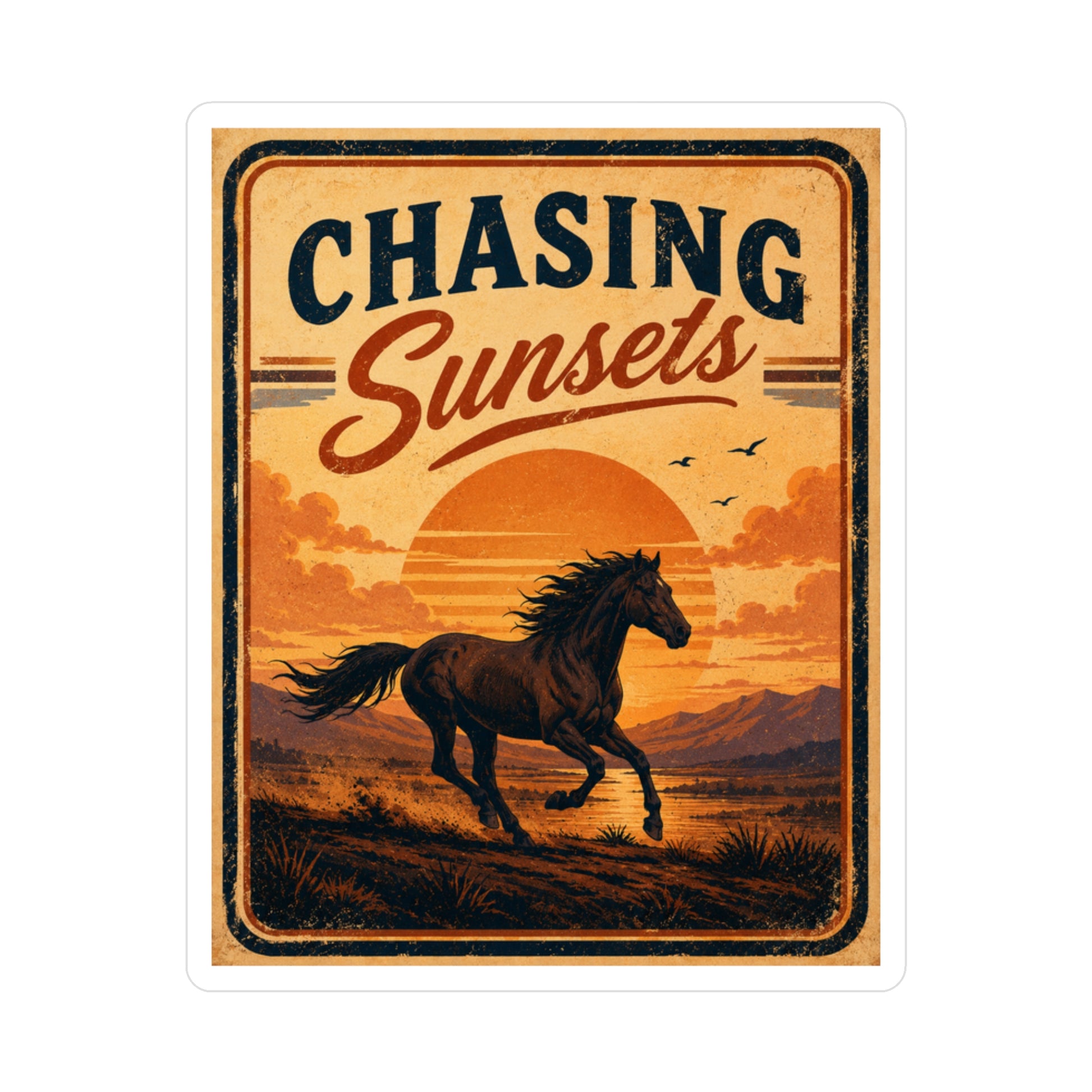 Satin vinyl sticker of a running horse against a blazing sunset from IamGlytja