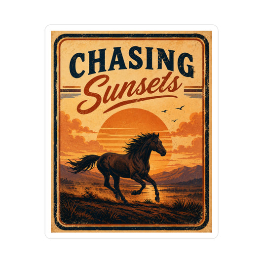 Satin vinyl sticker of a running horse against a blazing sunset from IamGlytja