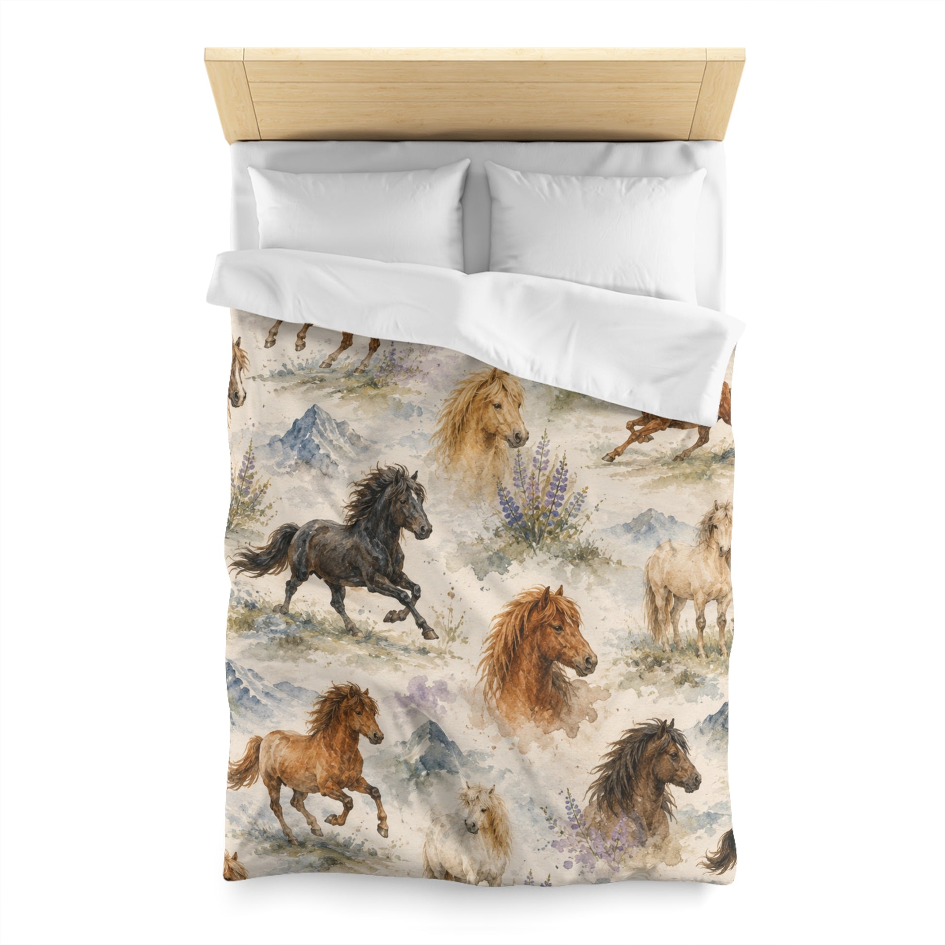 Equestrian comforter with watercolor Icelandic horses, top-down view