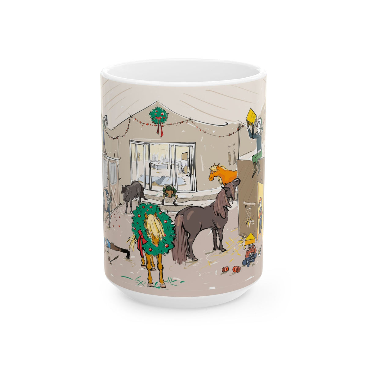 The Great Christmas Disaster 15 oz white ceramic mug with Charlotte Guernsey's illustration of the Yule Lads causing Christmas chaos at HestaRokk Farm