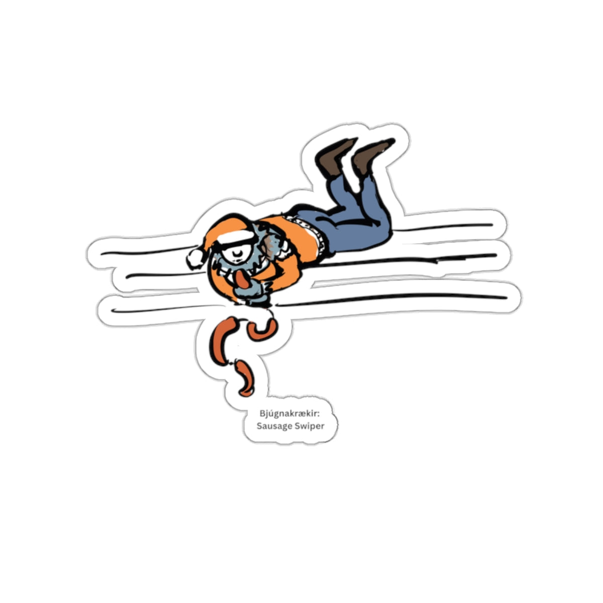 Sausage Swiper Yule Lad die-cut vinyl sticker with Charlotte Guernsey's illustration of Sausage Swiper