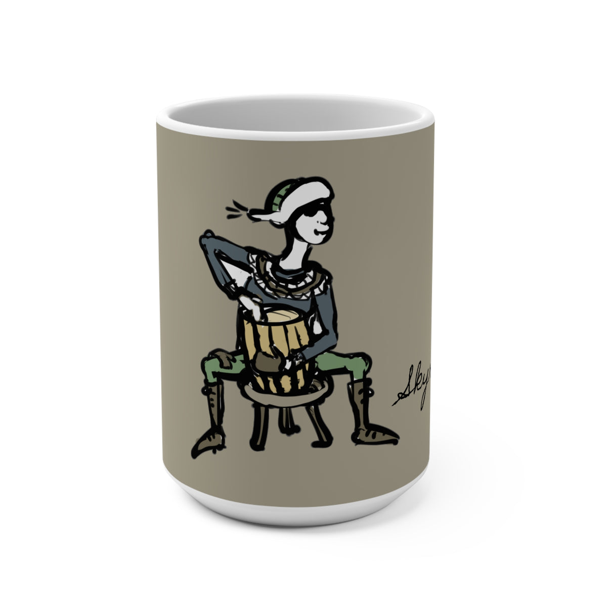 Skyr Gobbler Yule Lad (Skyrgámur) 15 oz white ceramic coffee mug, art by Charlotte Guernsey
