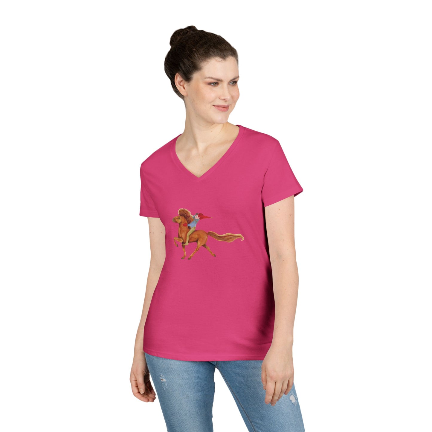 Woman wearing a pink t-shirt with a logo on a white background