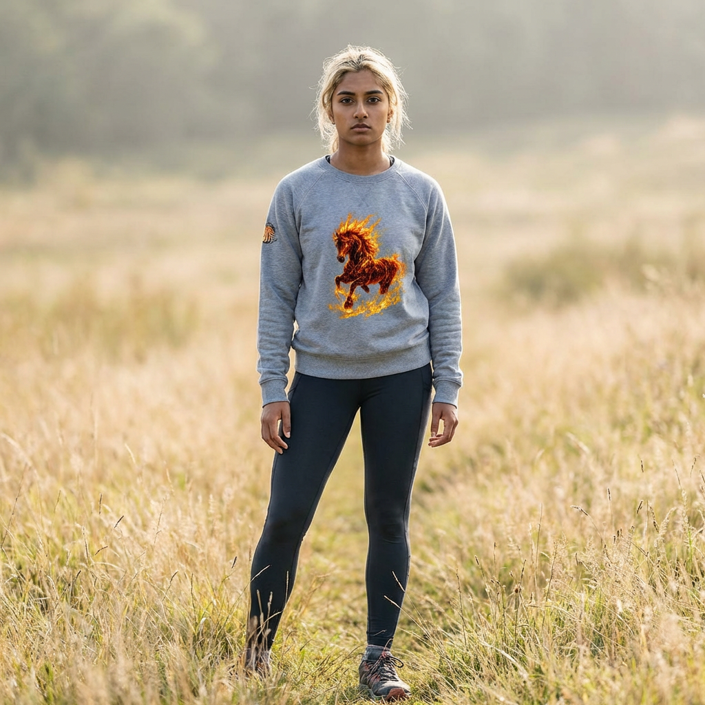 Woman wearing a gray sweatshirt with a horse design in a field