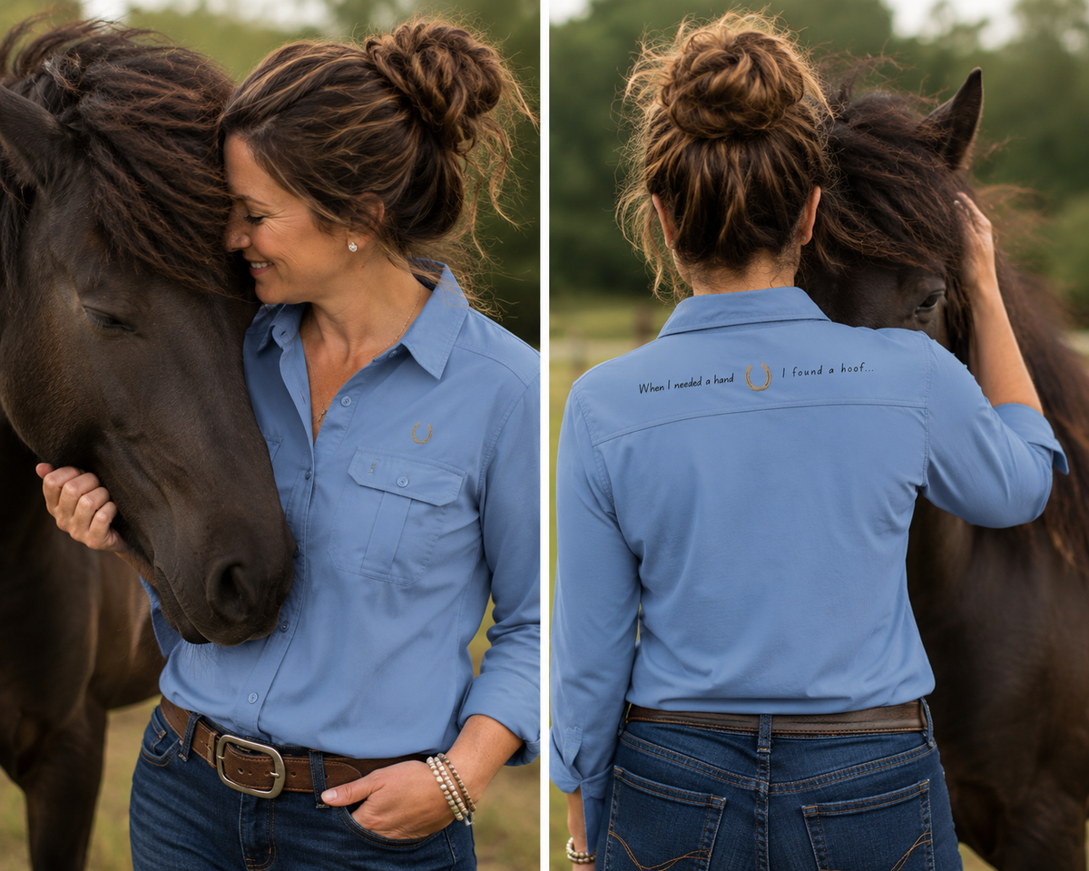 I Found a Hoof women's denim shirt with horseshoe art by Charlotte Guernsey