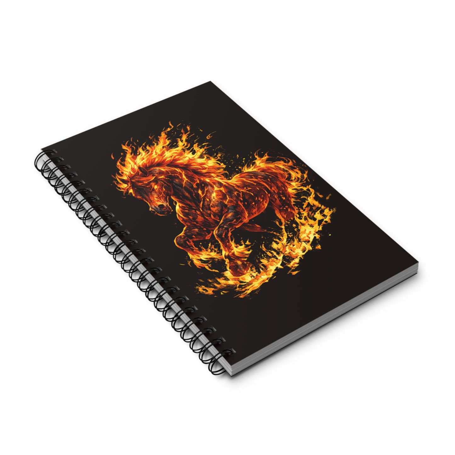 Notebook with a fiery horse design on a black background