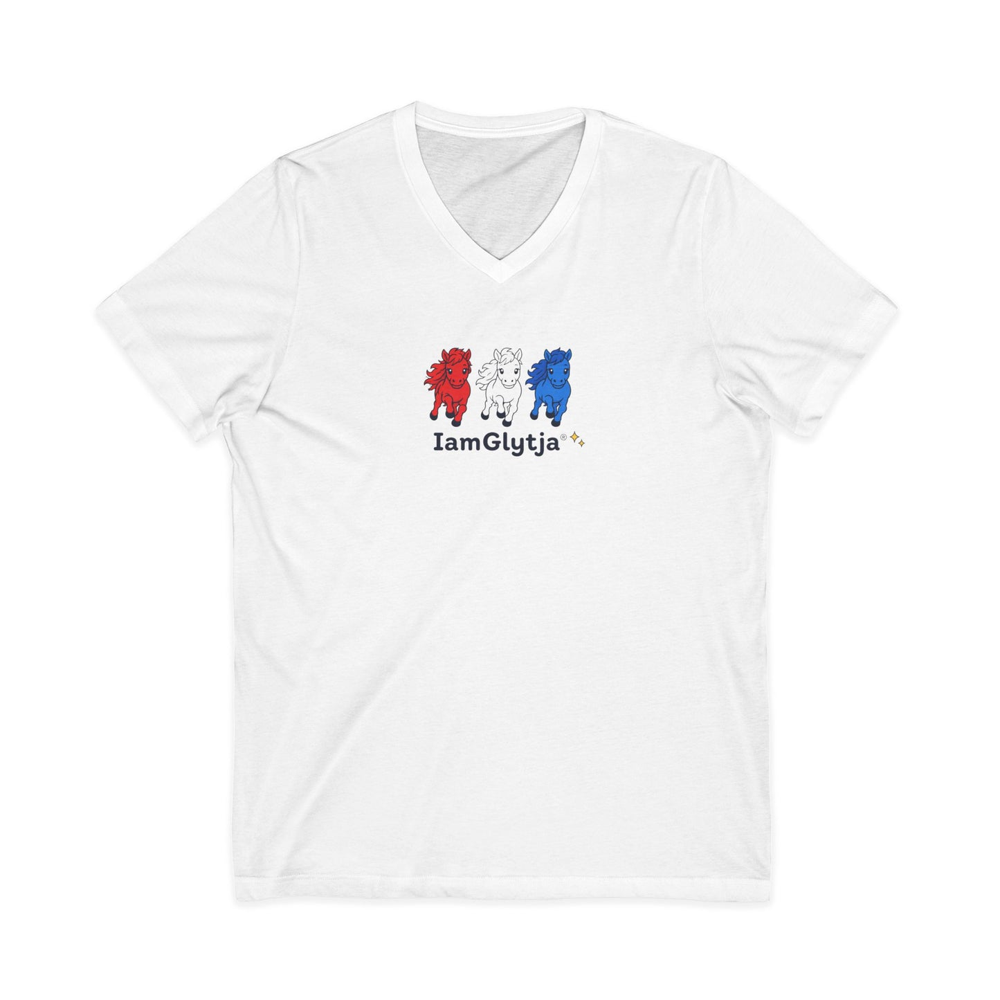 Red, white, and blue horses graphic on a lightweight unisex V-neck tee from IamGlytja