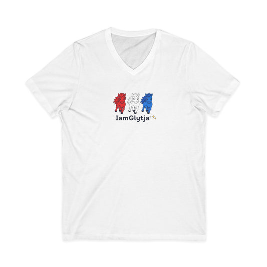 Red, white, and blue horses graphic on a lightweight unisex V-neck tee from IamGlytja
