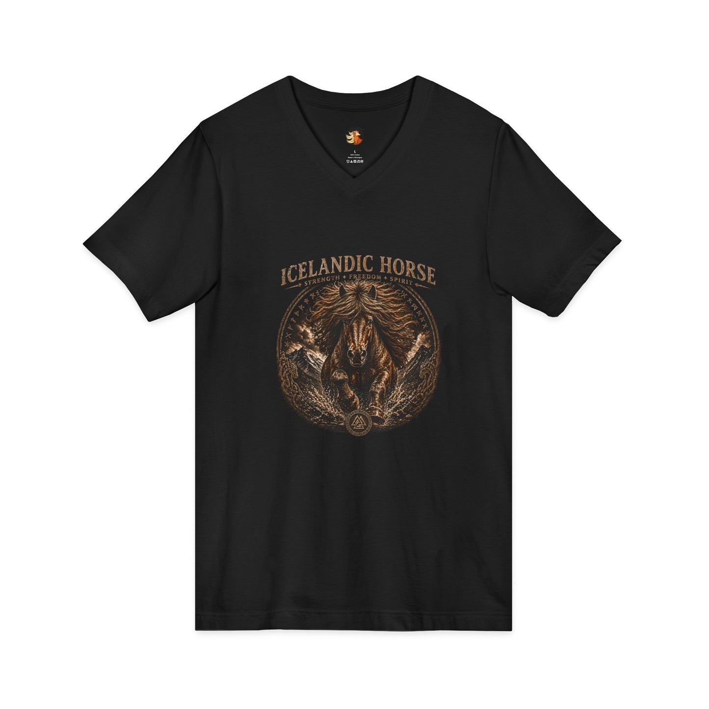 Black t-shirt with Icelandic Horse graphic design on a white background