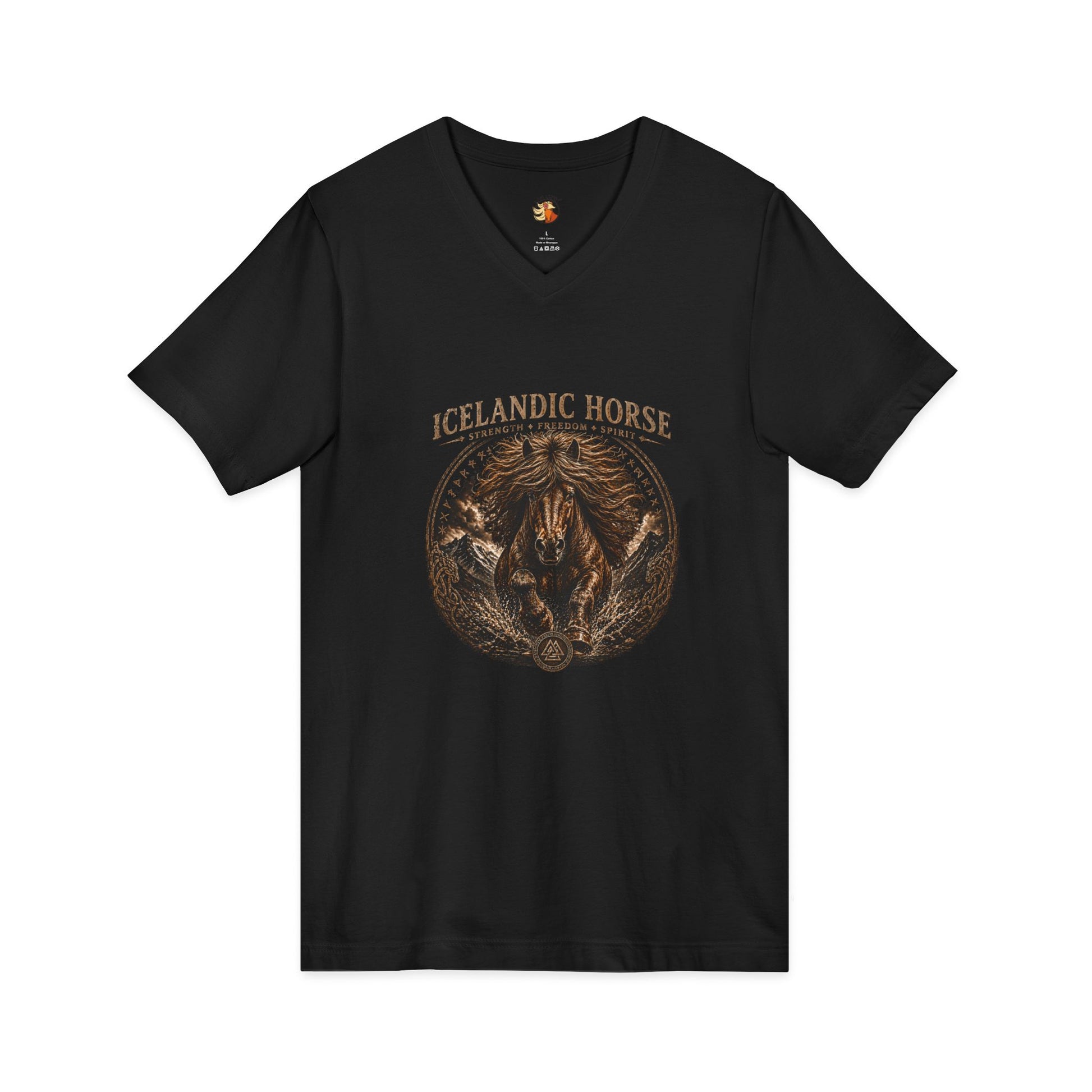 Black t-shirt with Icelandic Horse graphic design on a white background