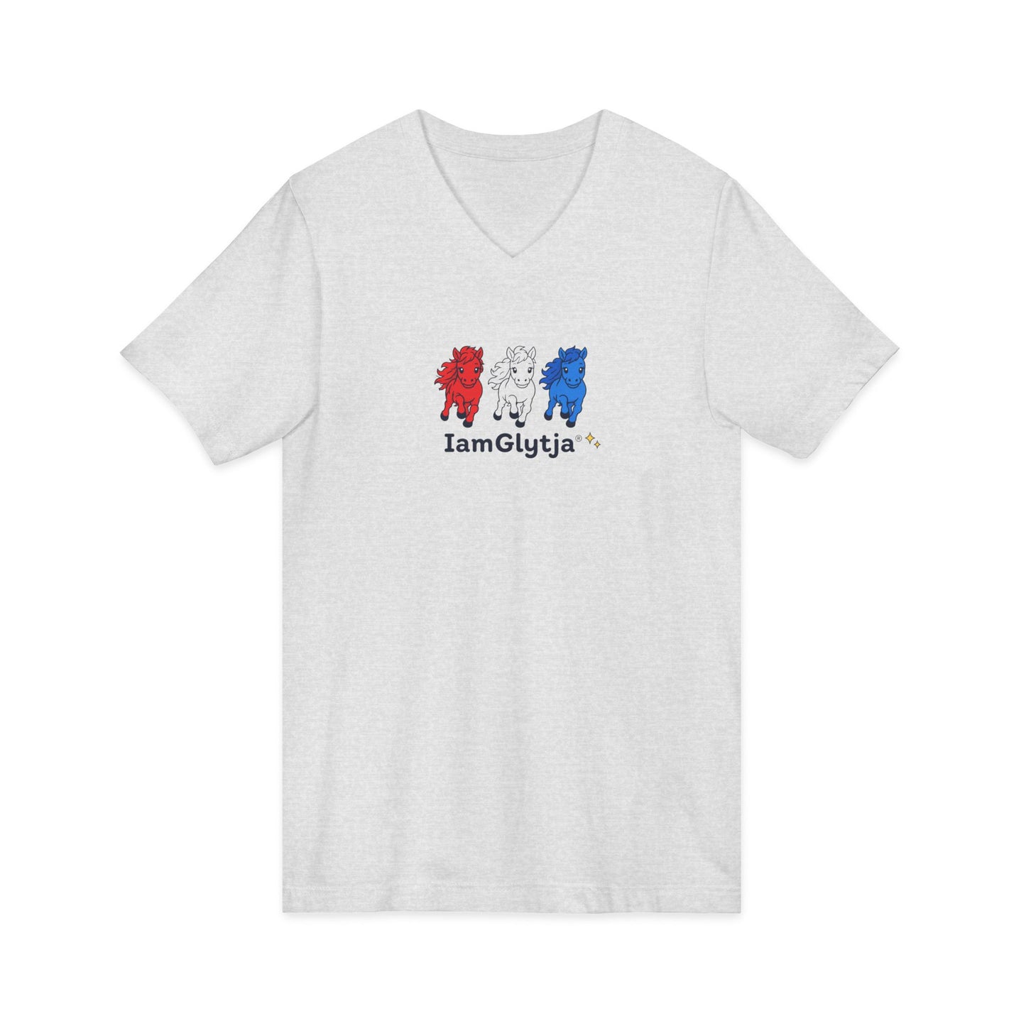 Detail view of red, white, and blue horse graphic V-neck t-shirt