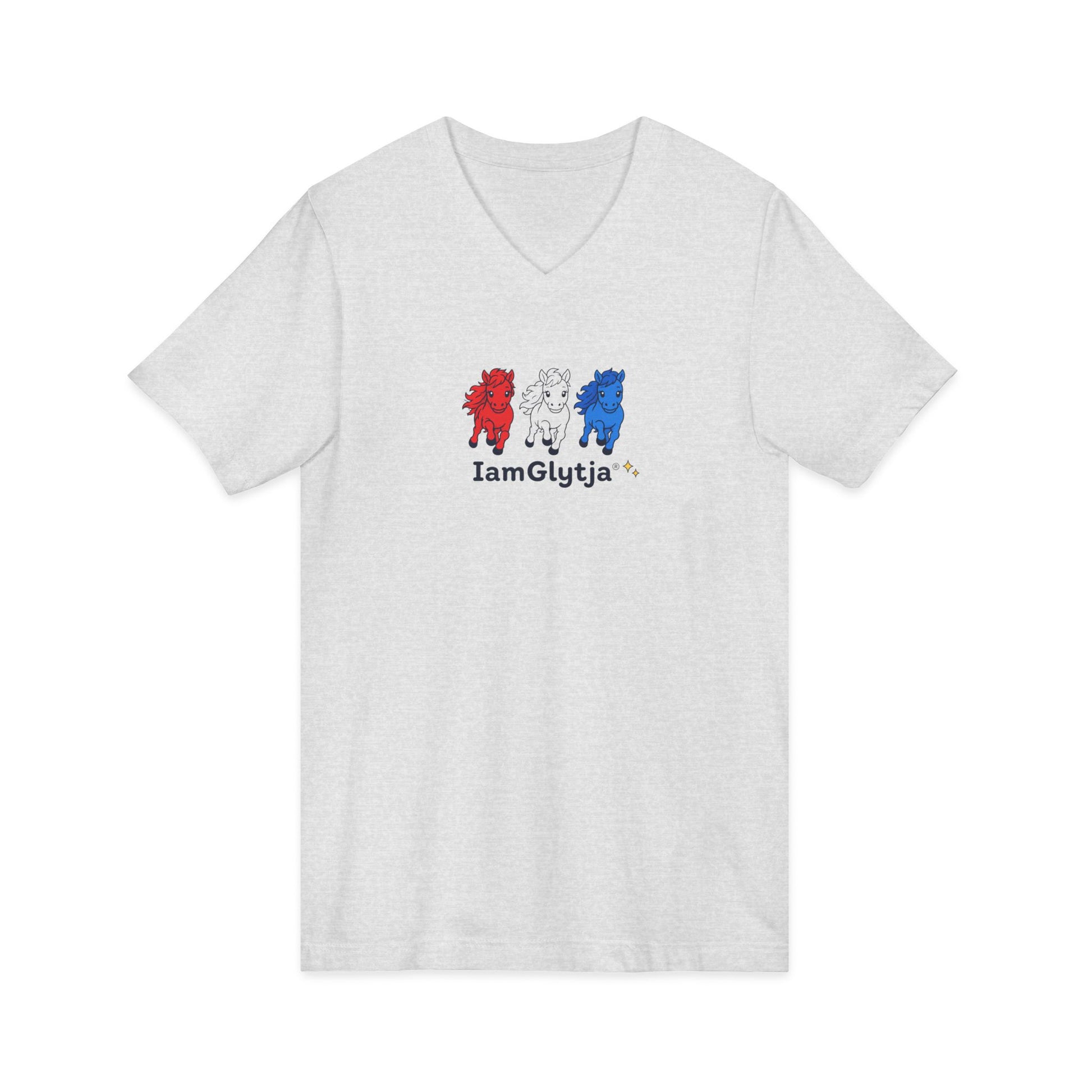 Detail view of red, white, and blue horse graphic V-neck t-shirt