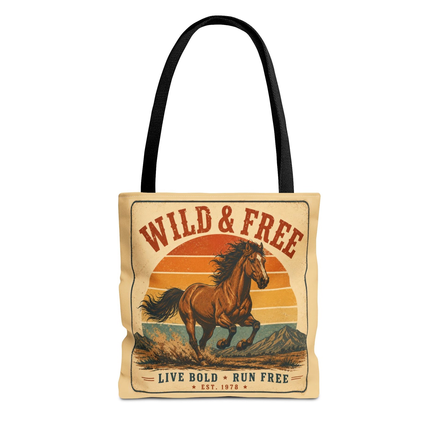Canvas tote bag printed all over with a vintage galloping horse, warm sunset stripes, and the words Wild and Free.