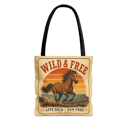 Canvas tote bag printed all over with a vintage galloping horse, warm sunset stripes, and the words Wild and Free.