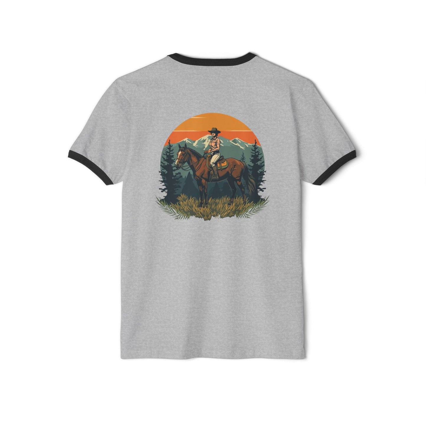 Front image:
Retro ringer tee with "Still Wild" graphic across the chest in distressed vintage print, contrast 1x1 rib binding at the collar and sleeves.
Back image:
Back of the same retro ringer tee showing a faded silhouette of a woman riding a horse, vintage tour-tee styling.