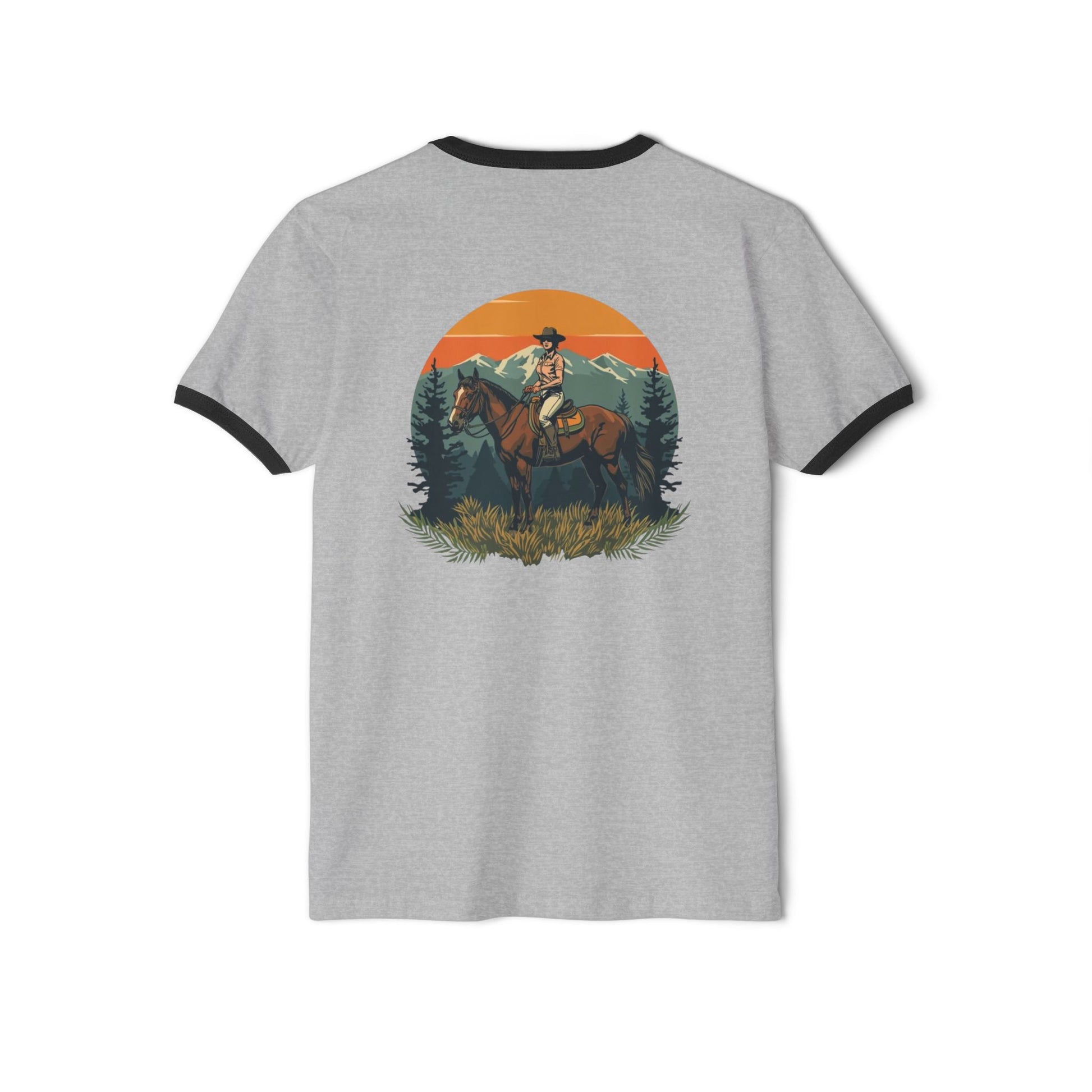 Front image:
Retro ringer tee with "Still Wild" graphic across the chest in distressed vintage print, contrast 1x1 rib binding at the collar and sleeves.
Back image:
Back of the same retro ringer tee showing a faded silhouette of a woman riding a horse, vintage tour-tee styling.
