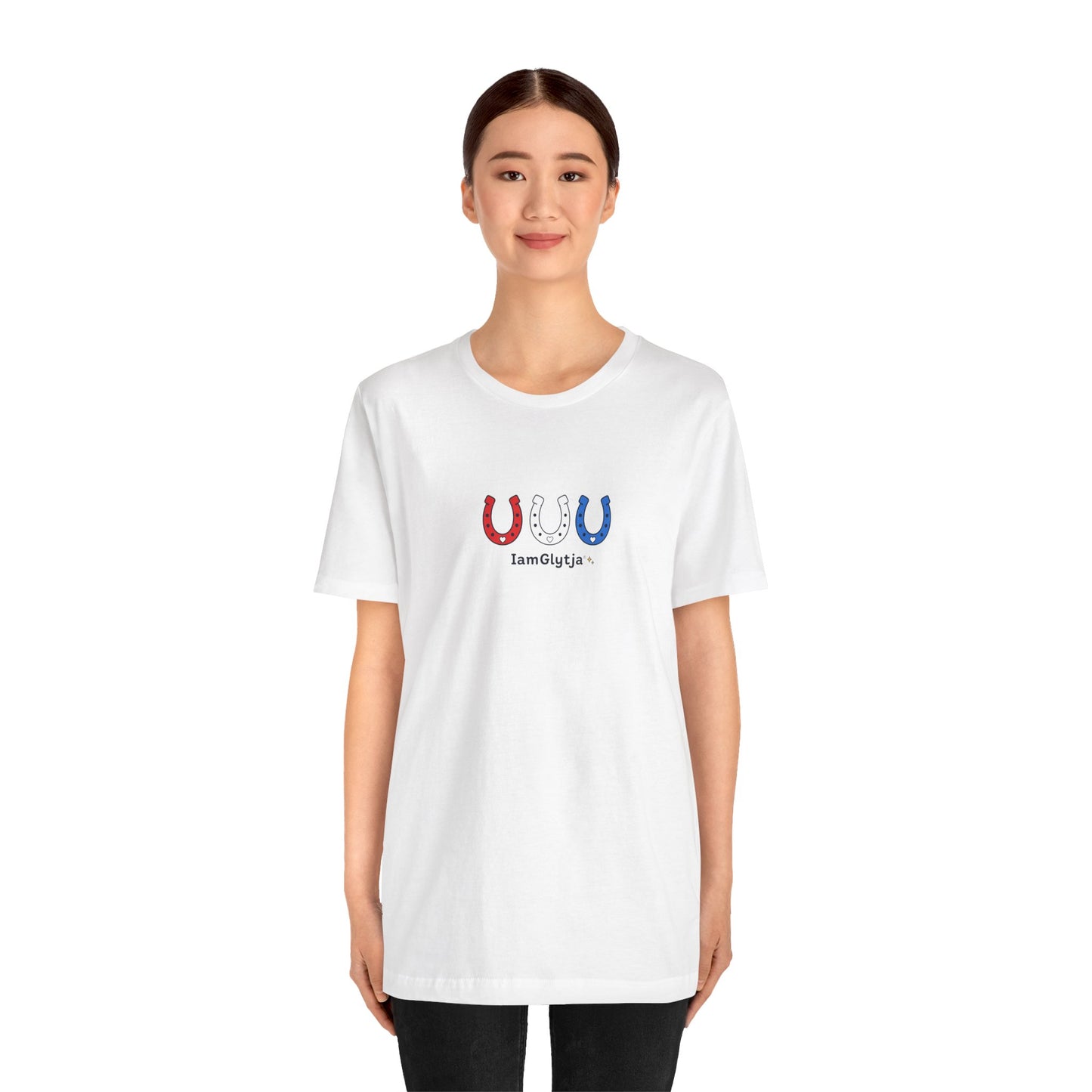 Lucky horseshoe patriotic tee shown in alternate fabric color