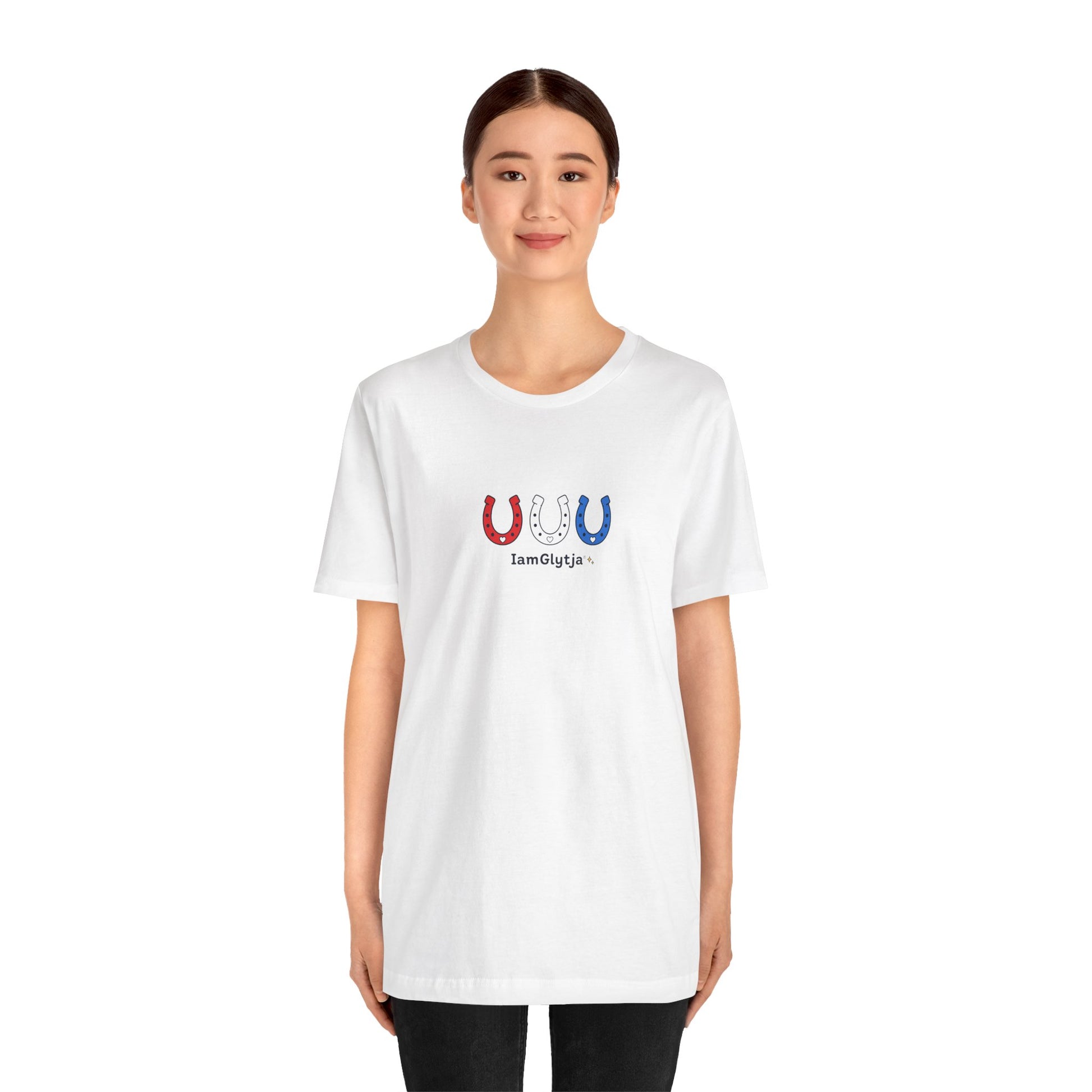 Lucky horseshoe patriotic tee shown in alternate fabric color