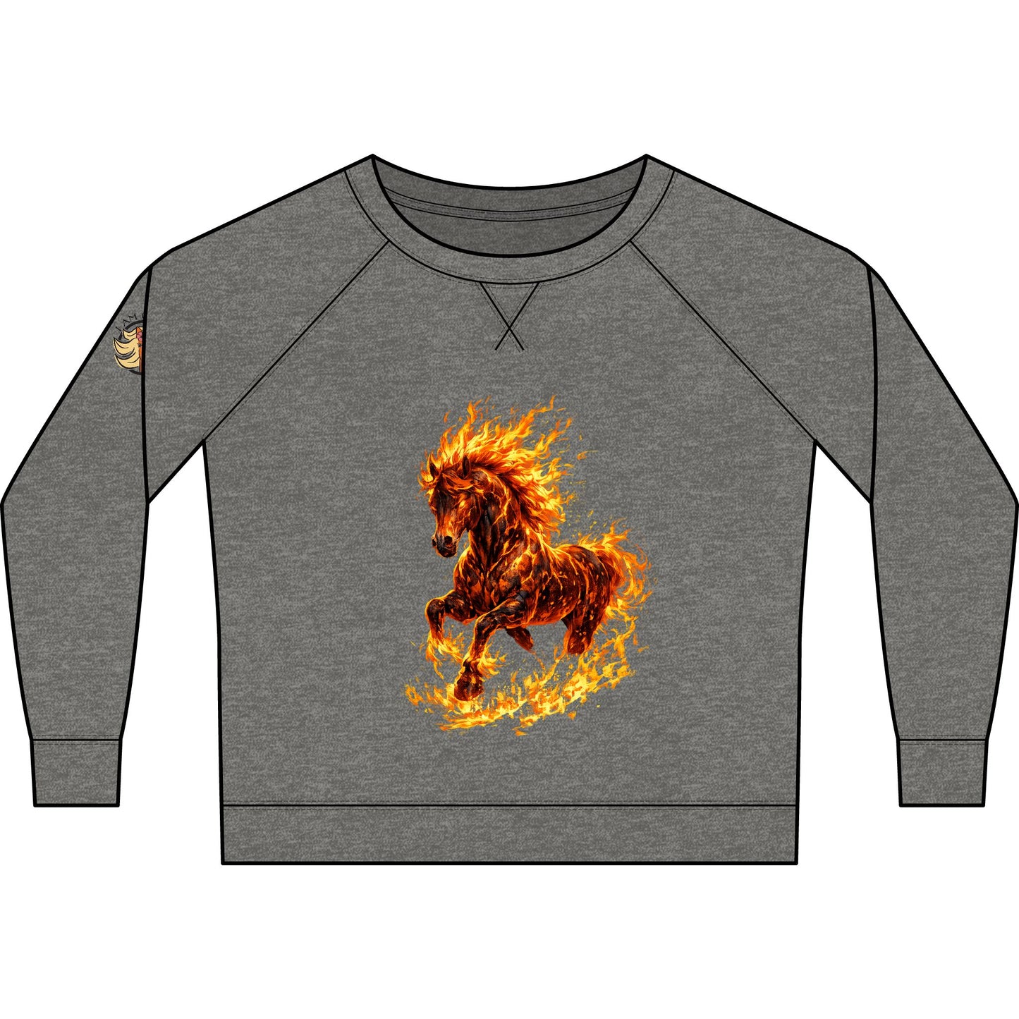 fiery horse on gray sweater