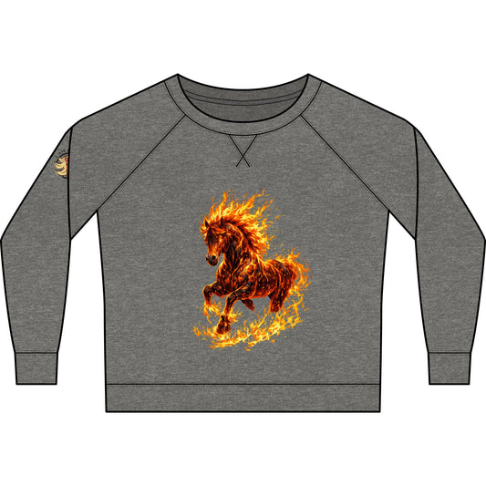 fiery horse on gray sweater