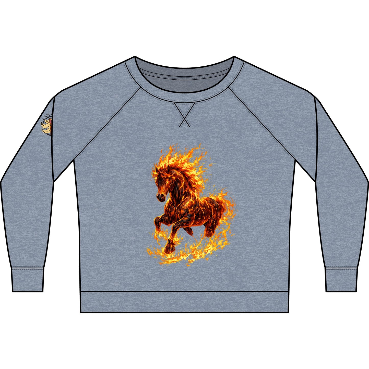 Gray sweatshirt with a fiery horse design on a white background