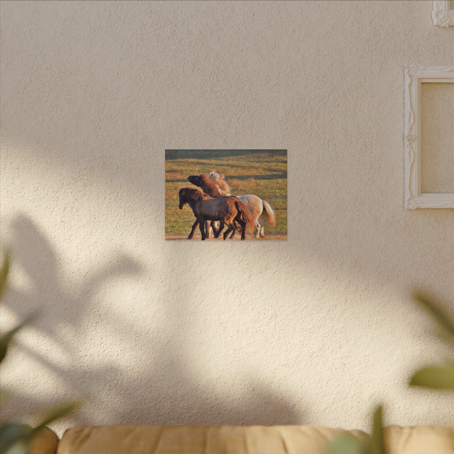 Framed artwork of three horses on a beige wall with a plant in the foreground.