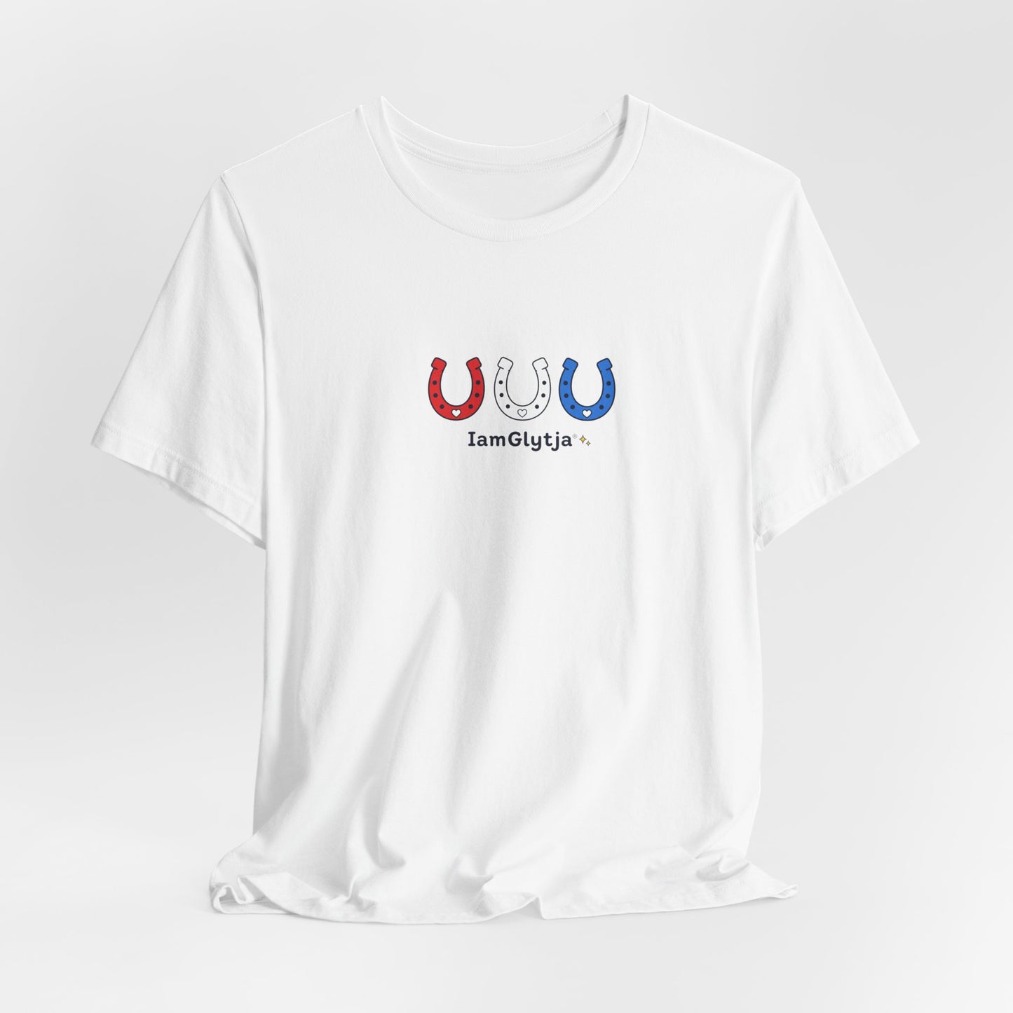 Red, white, and blue lucky horseshoe t-shirt in pastel colorway