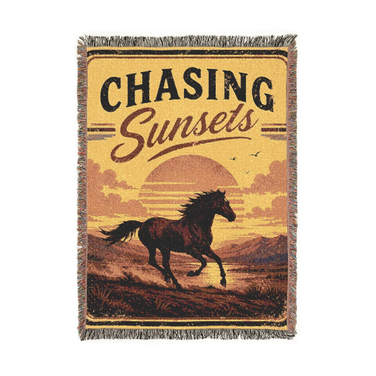 Woven Blanket — "Chasing Sunsets" Retro Horse Sunset Throw