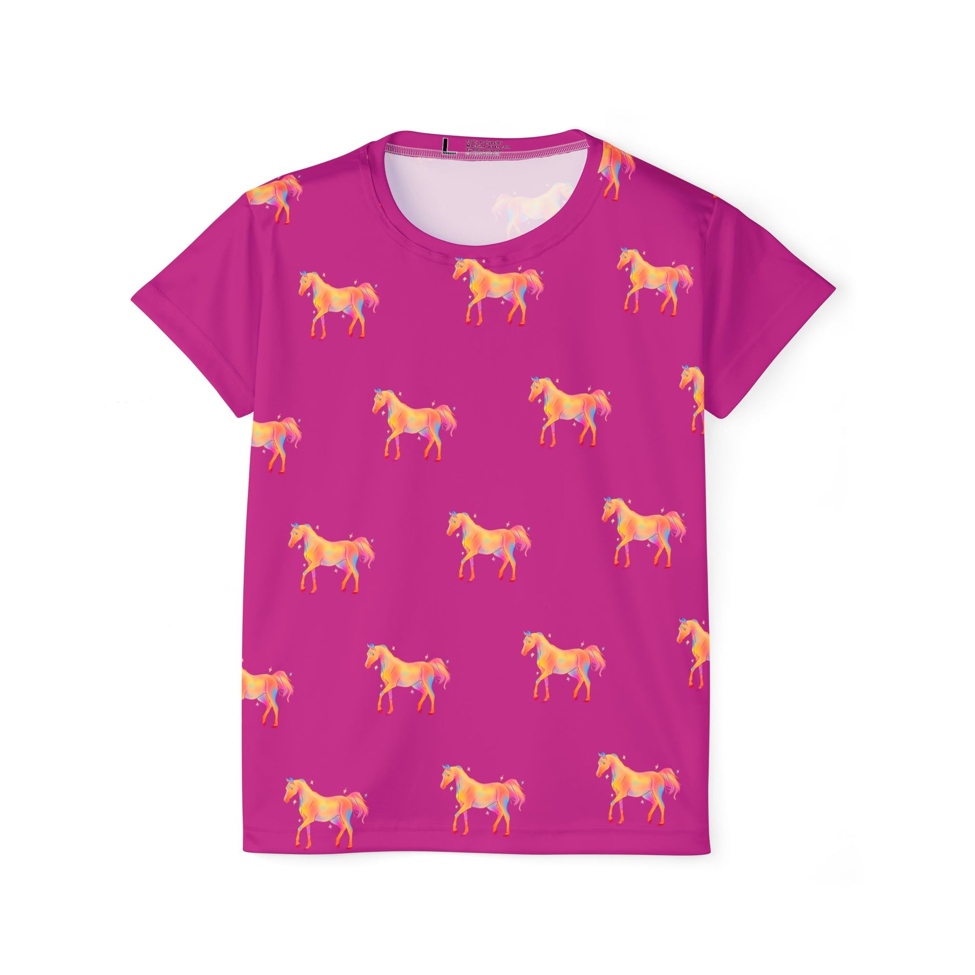 Pink t-shirt with horse pattern on a white background
