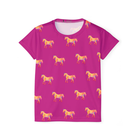 Pink t-shirt with horse pattern on a white background