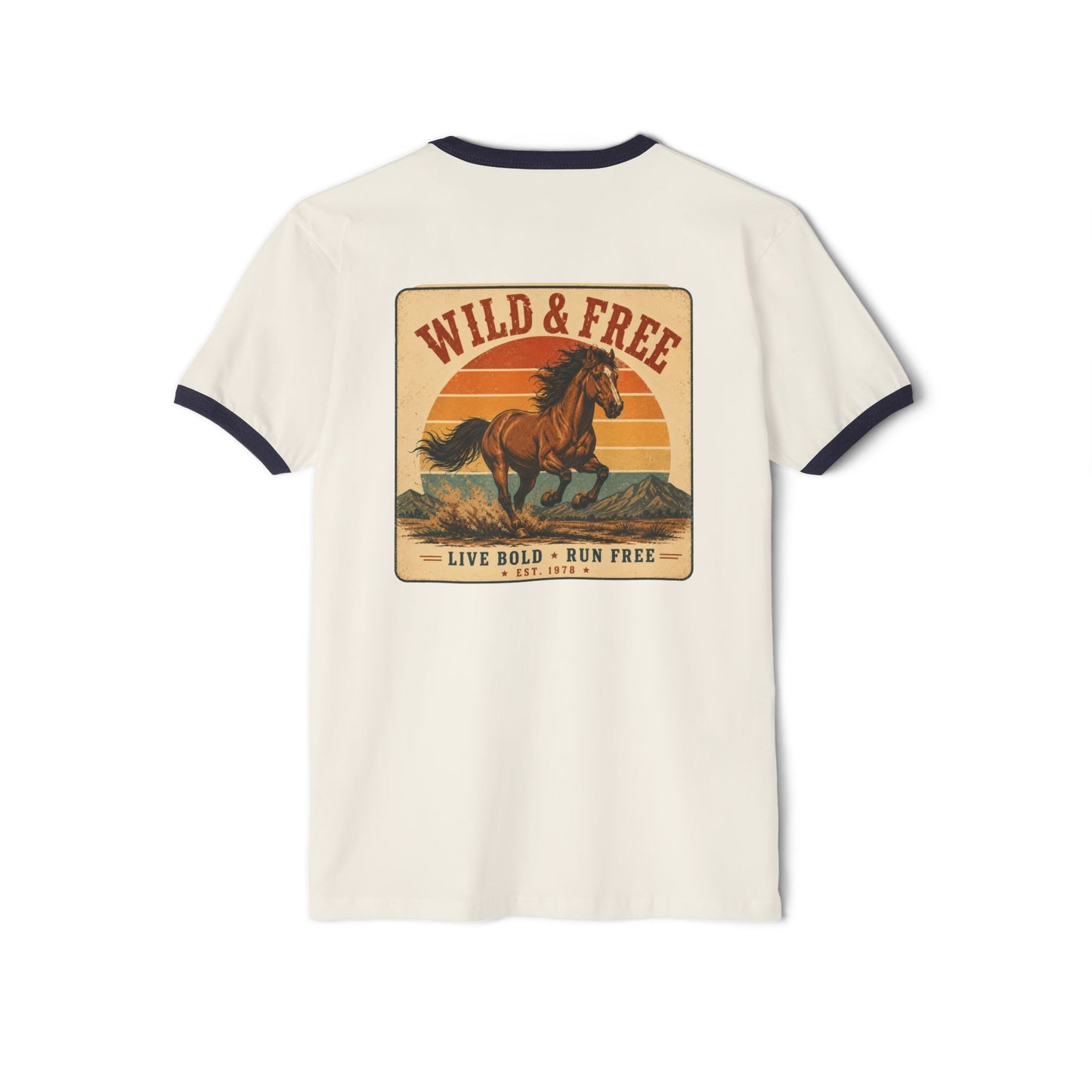 Heather grey retro ringer tee with contrast collar and sleeves and a Wild and Free sunset horse graphic on the front.