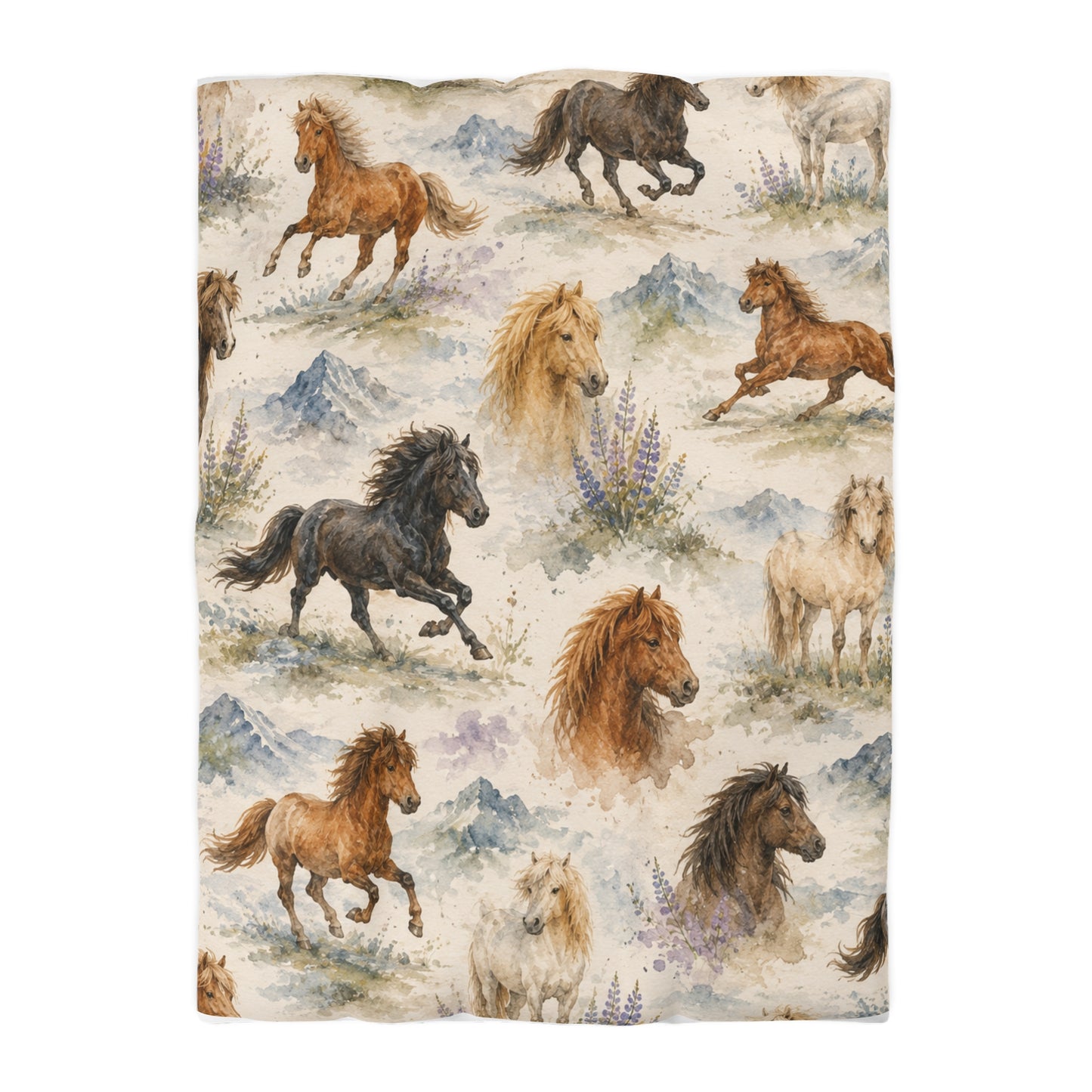 Horse lover comforter with watercolor herd design, styled view