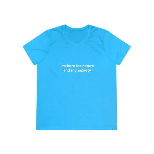 Blue t-shirt with white text on a white background