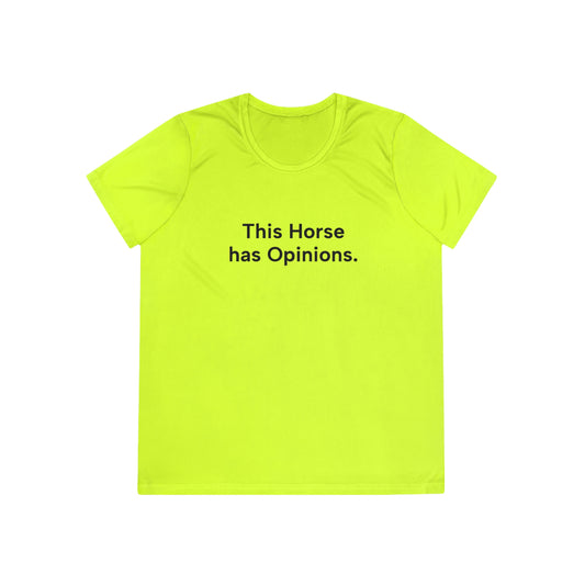 Bright yellow t-shirt with black text 'This Horse has Opinions' on a white background
