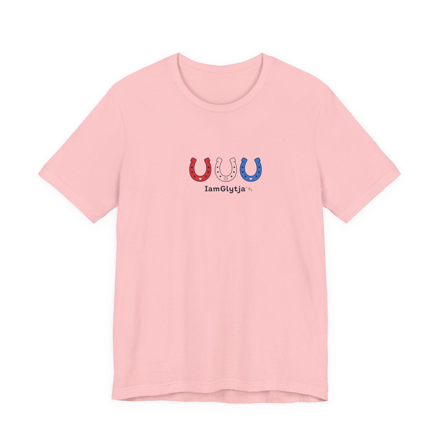 Patriotic horseshoe t-shirt with red, white, and blue design, side view