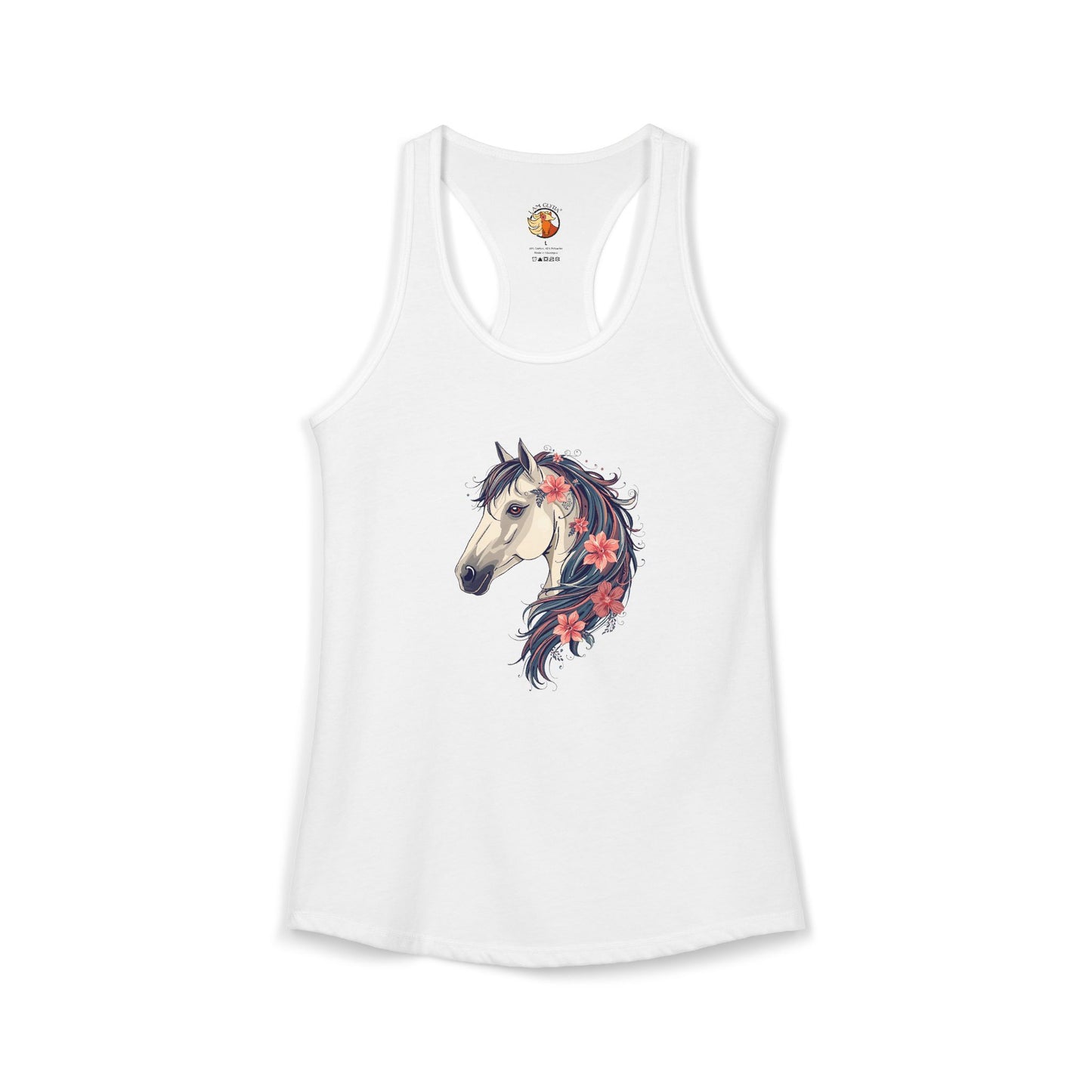 White tank top with a horse design on a white background