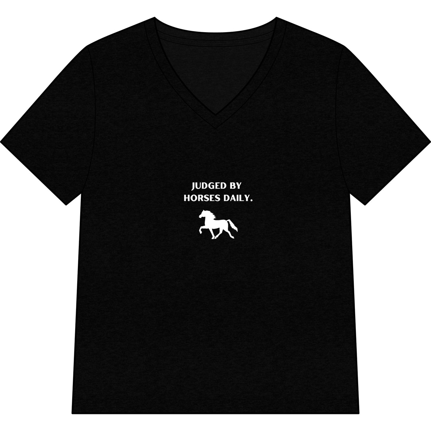 Black V-neck t-shirt with white text and horse graphic on a white background