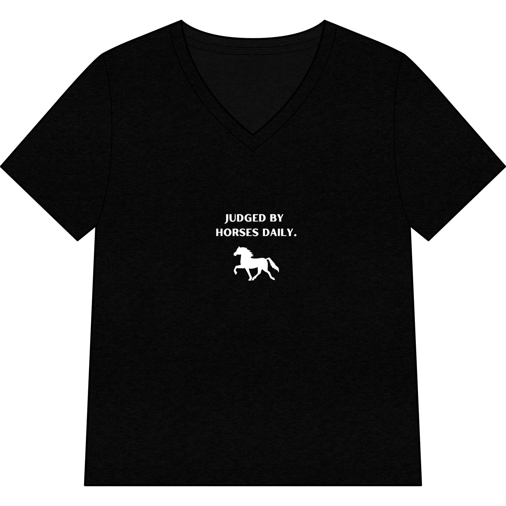 Black V-neck t-shirt with white text and horse graphic on a white background