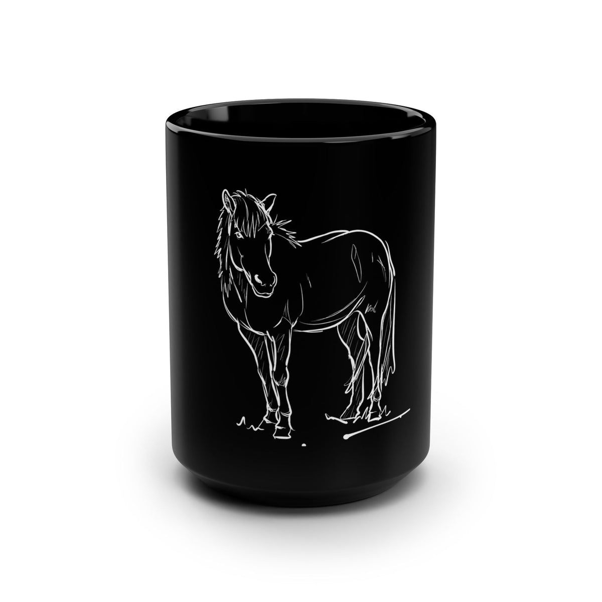 Glytja Boss Mare mug, black 15 oz ceramic, sketch by Charlotte Guernsey