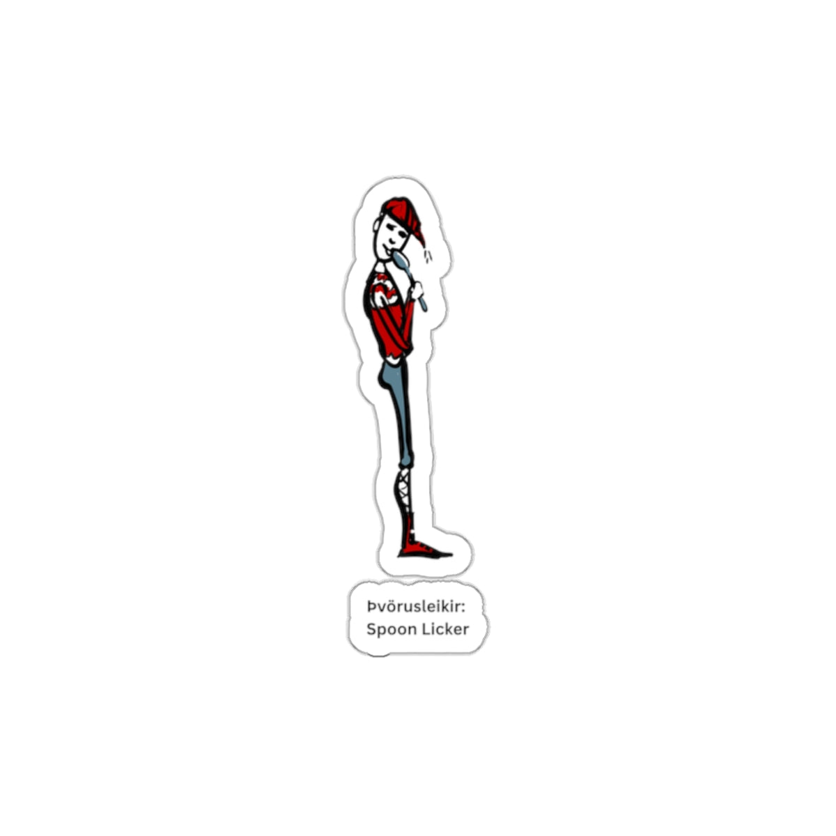 Spoon Licker Yule Lad die-cut vinyl sticker with Charlotte Guernsey's illustration of Spoon Licker