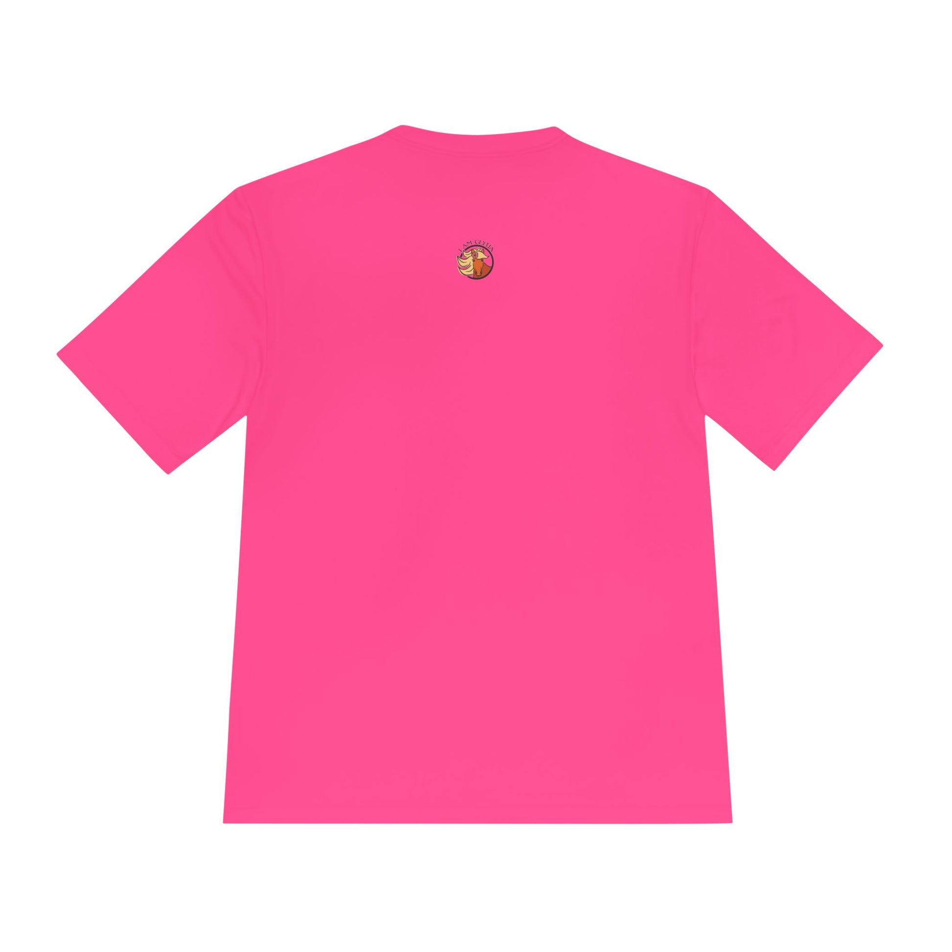 Pink t-shirt with a small logo on the back against a white background