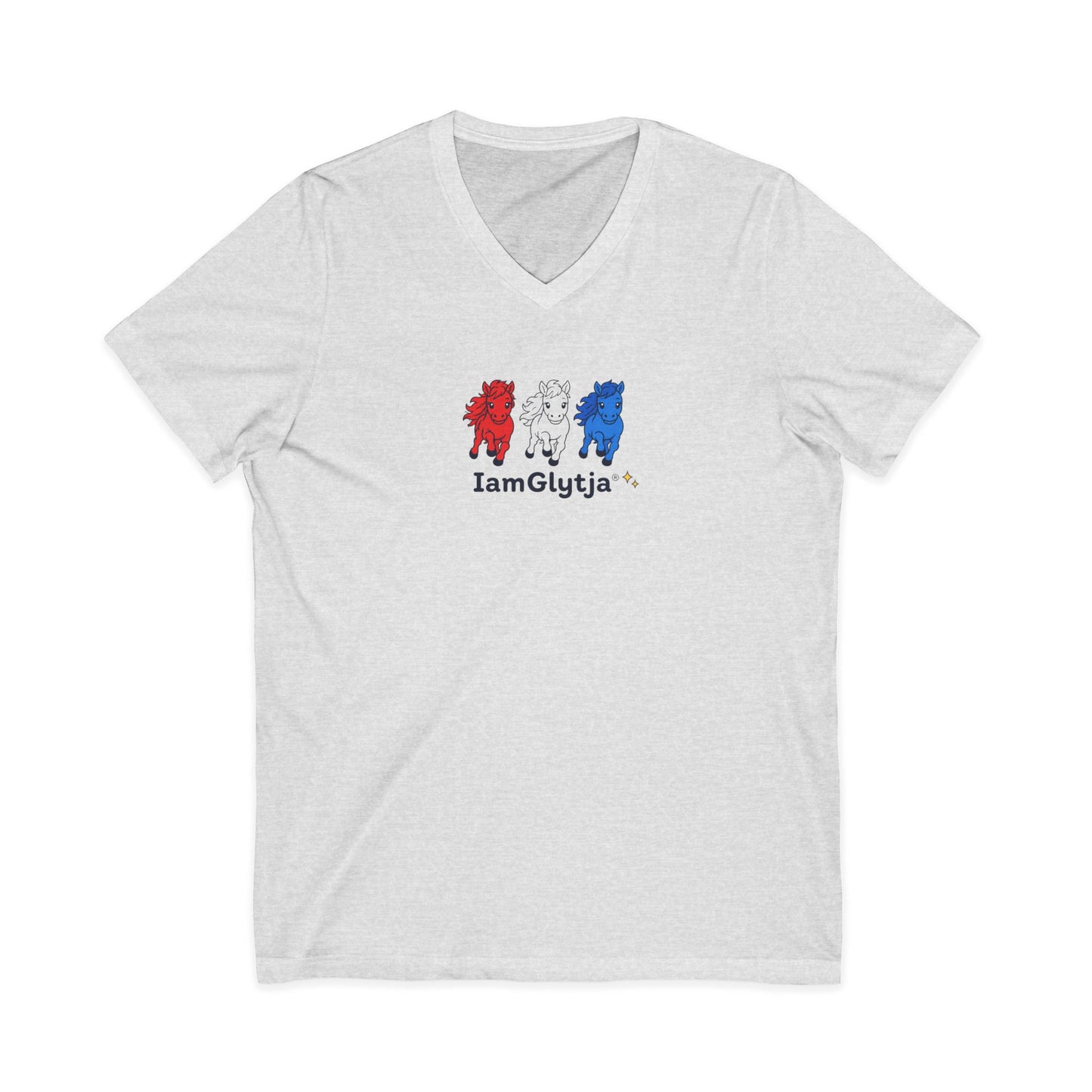 Red, white, and blue horse design V-neck tee shown in heather fabric