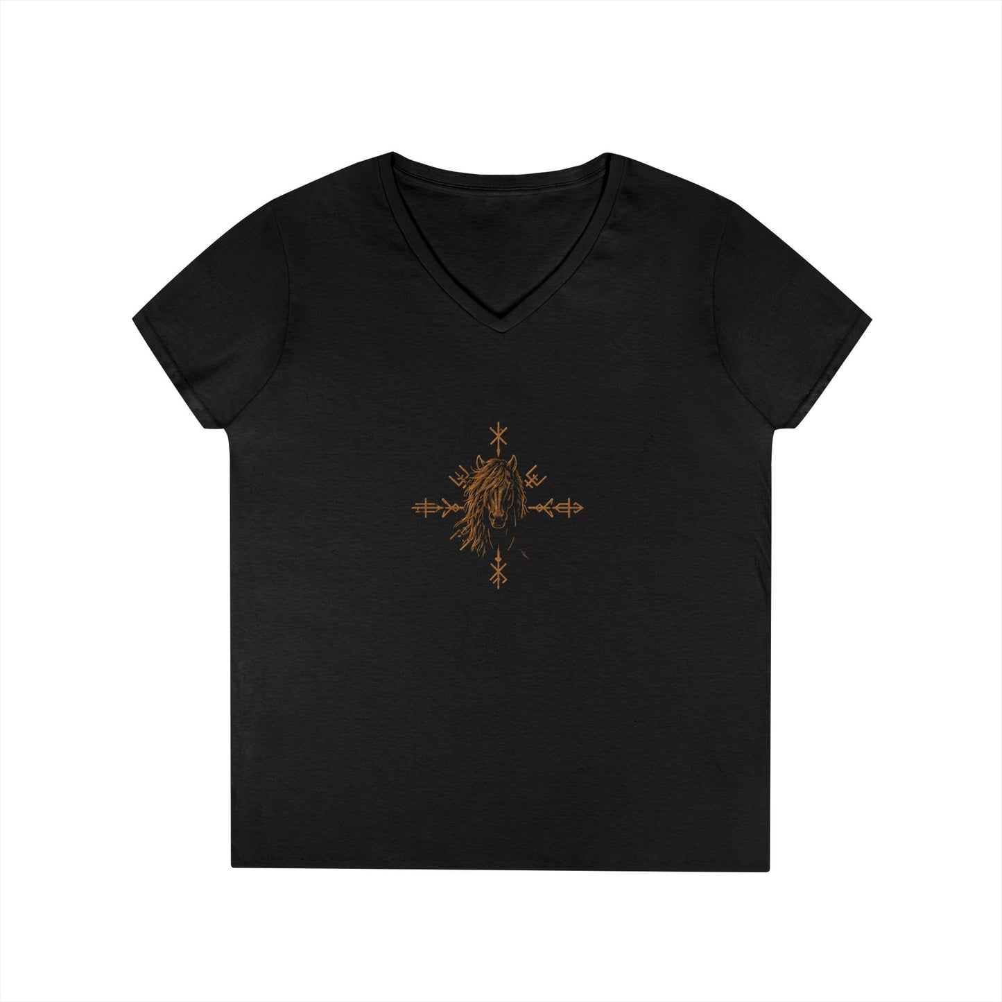 Black V-neck t-shirt with gold emblem and text on a white background