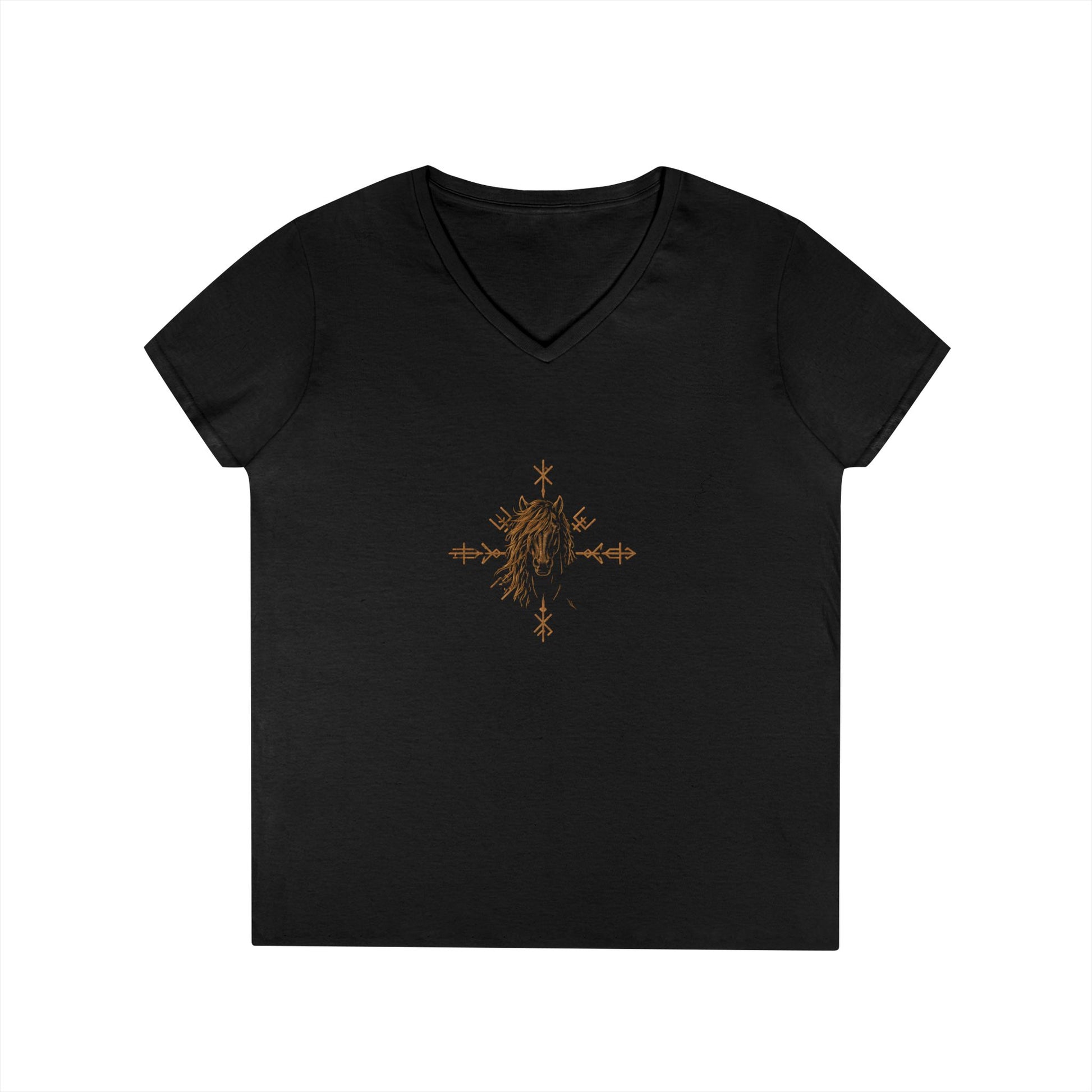 Black V-neck t-shirt with gold emblem and text on a white background