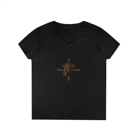 Black V-neck t-shirt with gold emblem and text on a white background