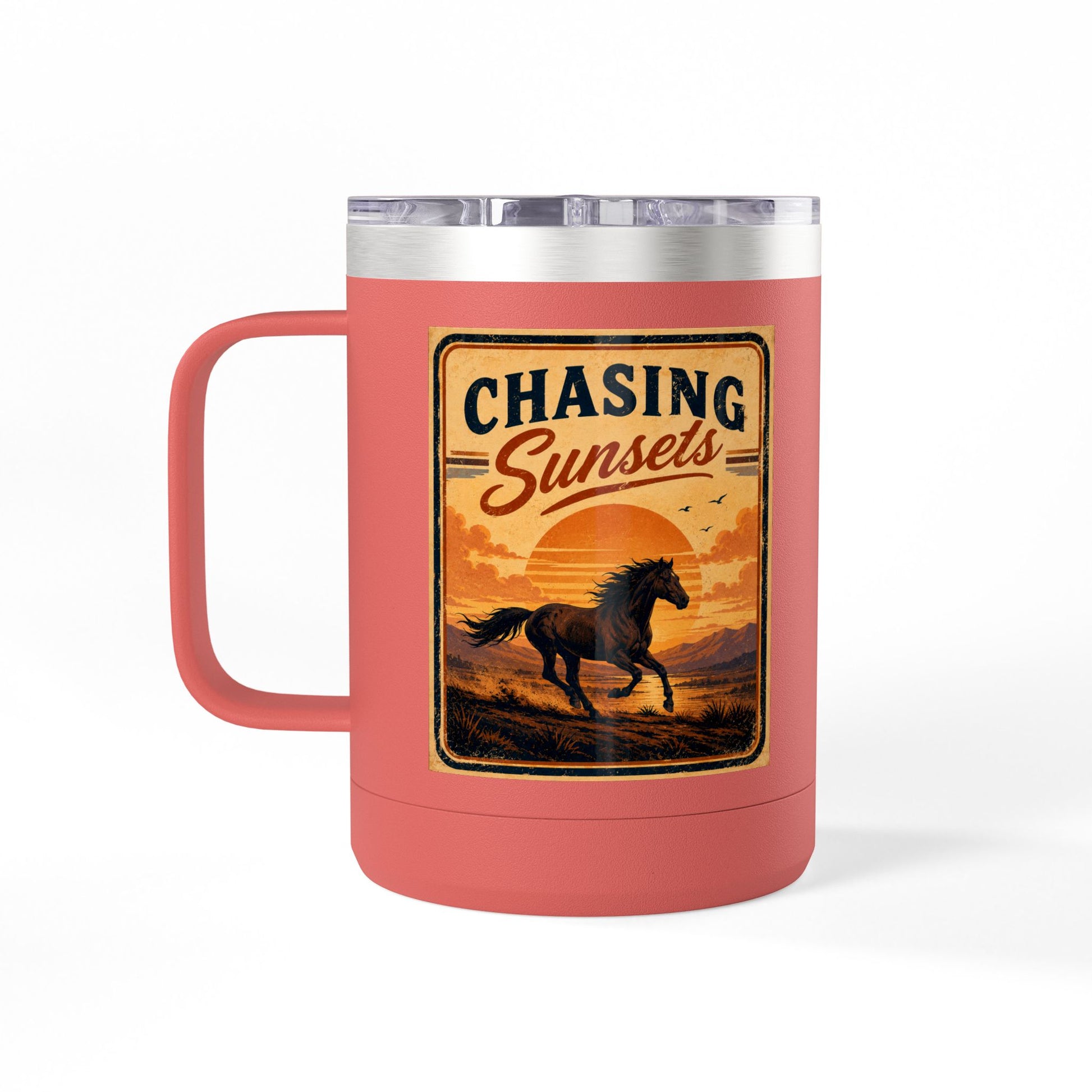 Chasing Sunsets 15oz stainless steel travel mug with running horse and sunset print