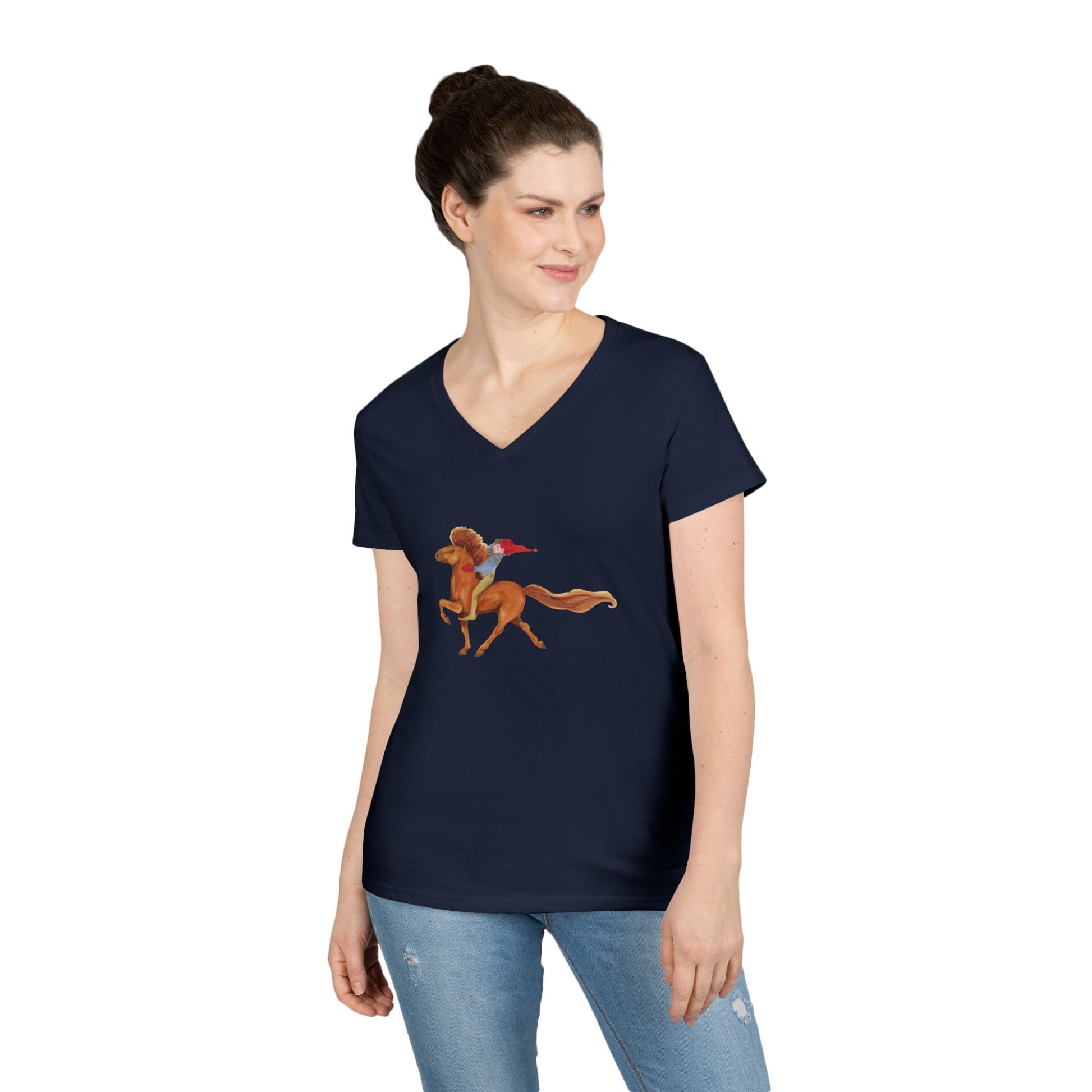 Woman wearing a navy blue t-shirt with a graphic design on a white background