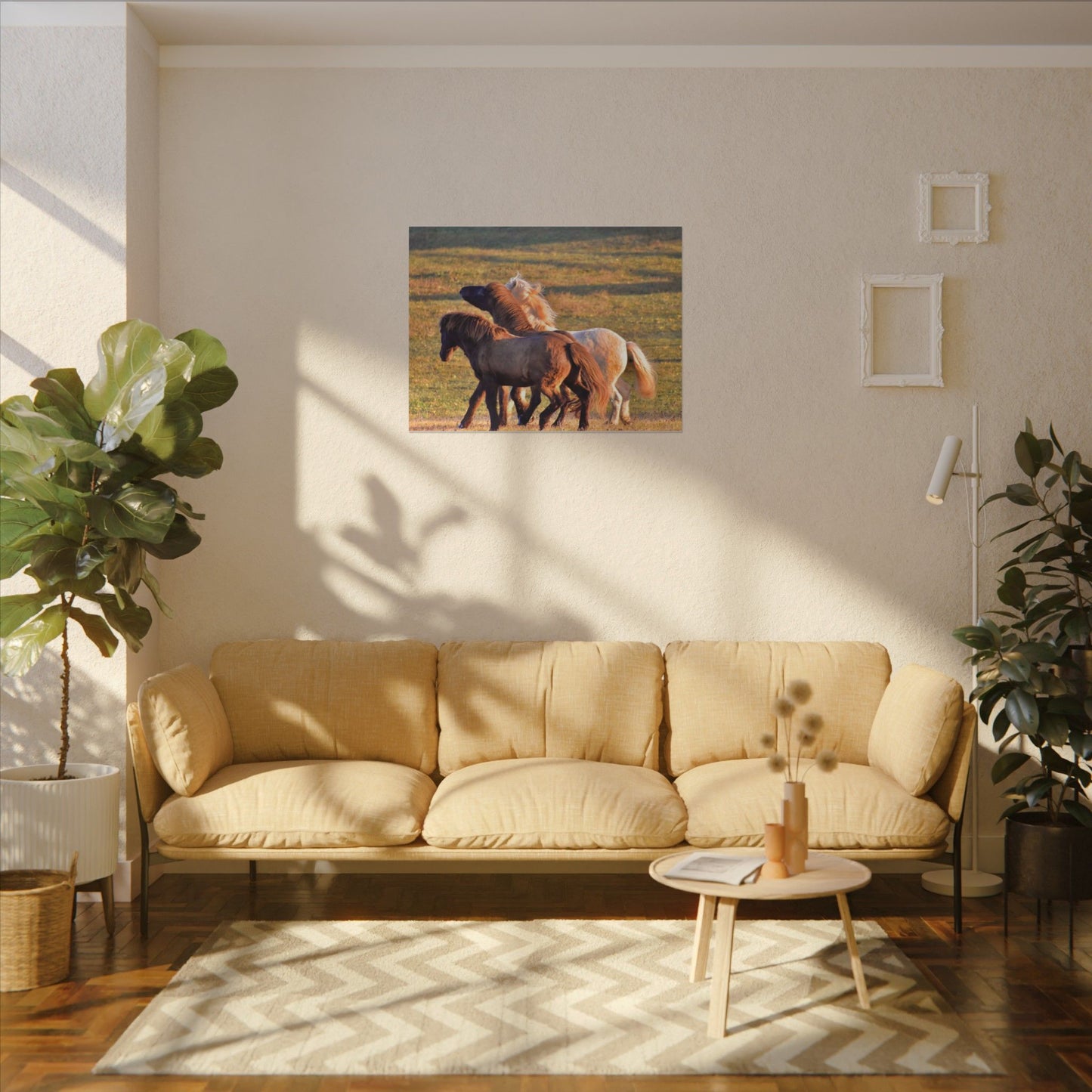 Living room with beige sofa, coffee table, and wall art of horses
